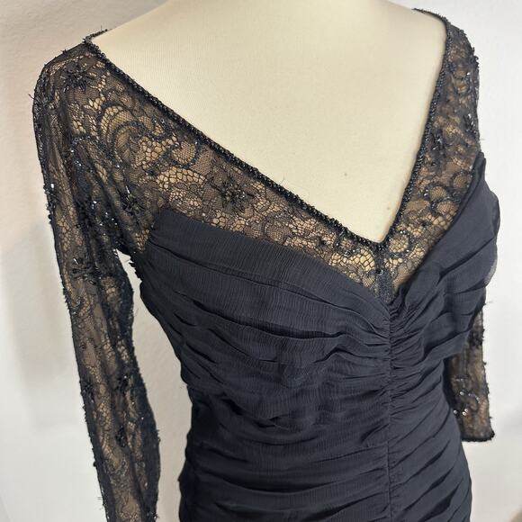 Tadashi Off Shoulder Silk Black Long Sleeve Cocktail Midi Dress Sz 10 Illusion - Picture 6 of 11